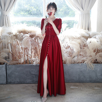 French toast bride 2021 new summer wine red usually wear wedding engagement evening dress female split