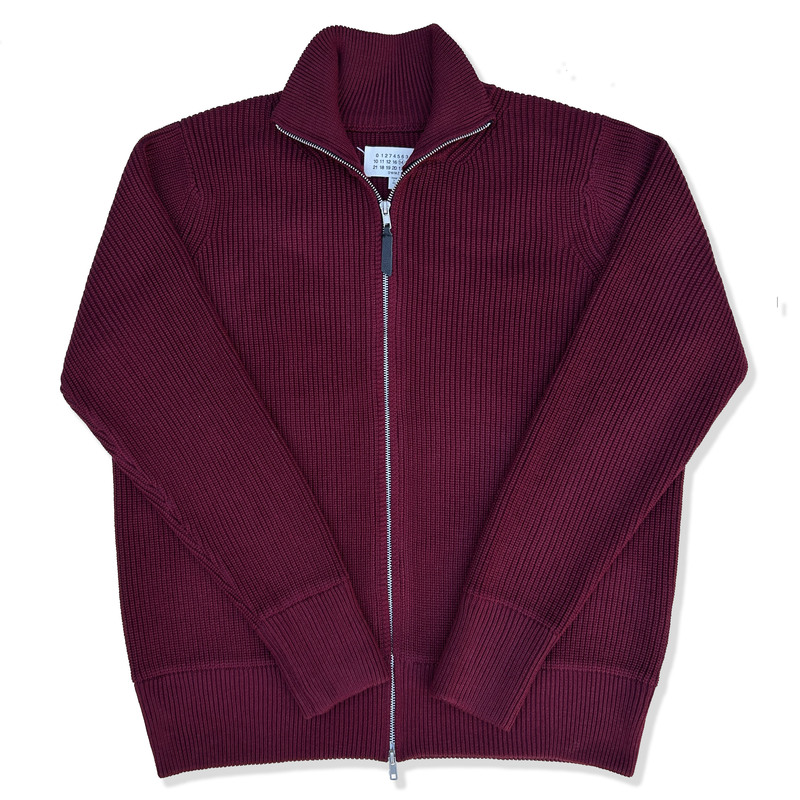Four-Corner Logo Burgundy High-Neck Double-Zipper Warm Versatile Cardigan Winter Sweater Knitwear Jacket Unisex