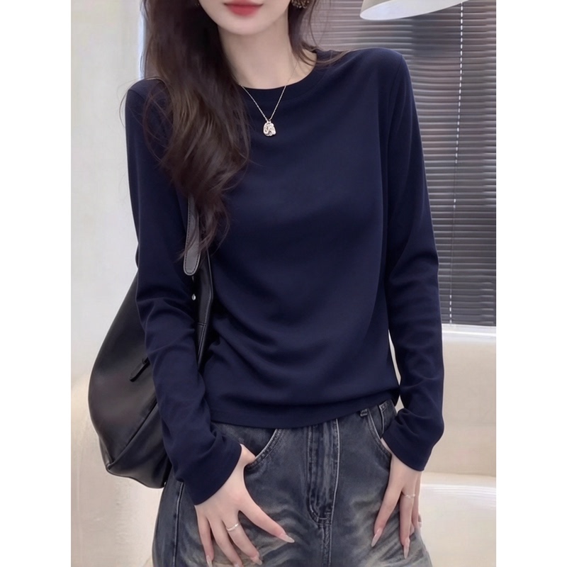 Slightly Plus-Size, Regular Shoulder, Long-Sleeved T-Shirt for Women, Early Autumn, Slimming, Versatile, Round Neck, Daily Commute, Casual Basic Top