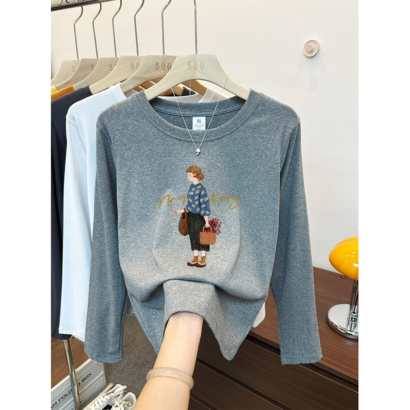 2026 Early Autumn New Style Personalized Character Print Regular Shoulder Round Neck Long Sleeve T-Shirt Women's Plus Size Casual Top