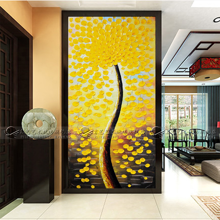 Hot sales art glass screen stereo severance living room background wall entry mask carving golden tree