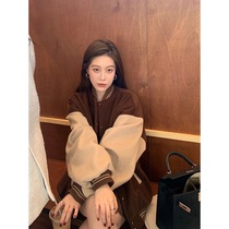 Collision Color Splicing Baseball Suit Woman 2021 New autumn and winter Ocean Gas Less Lazy Wind and Thickened Jacket Jacket Tide