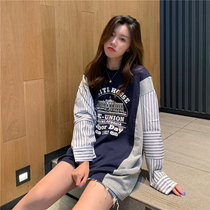 2021 Spring new big code Women in Korean version relaxed 100 lap net red and color splicing long sleeve t-shirt female-ins tide