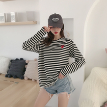 2021 Autumn and Winter New Japanese Tide Brand Little Love Embroidery Striped Long Sleeve Couple Loose Cotton Bottom T-Shirt Women