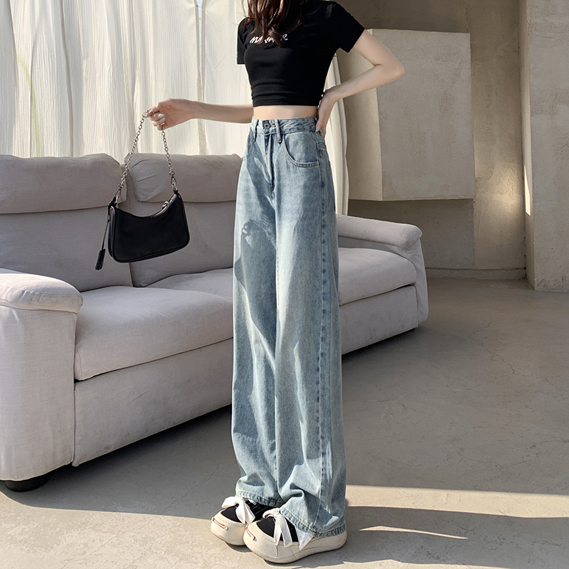 2023 summer retro thin light-colored straight-leg jeans women's loose drape small tall waist wide-leg mopping pants