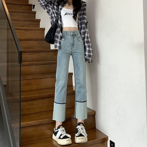 Синие цветные прямые свободные джинсы, осенние штаны, высокая талия, 2024 года, подходит для подростков