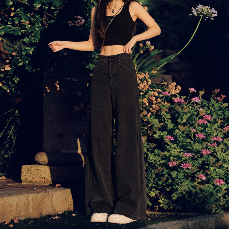 Phantom Black High-Waisted Wide-Leg Jeans for Women, 2026 Autumn Collection, Petite Loose Fit, Draped Flared Floor-Length Pants