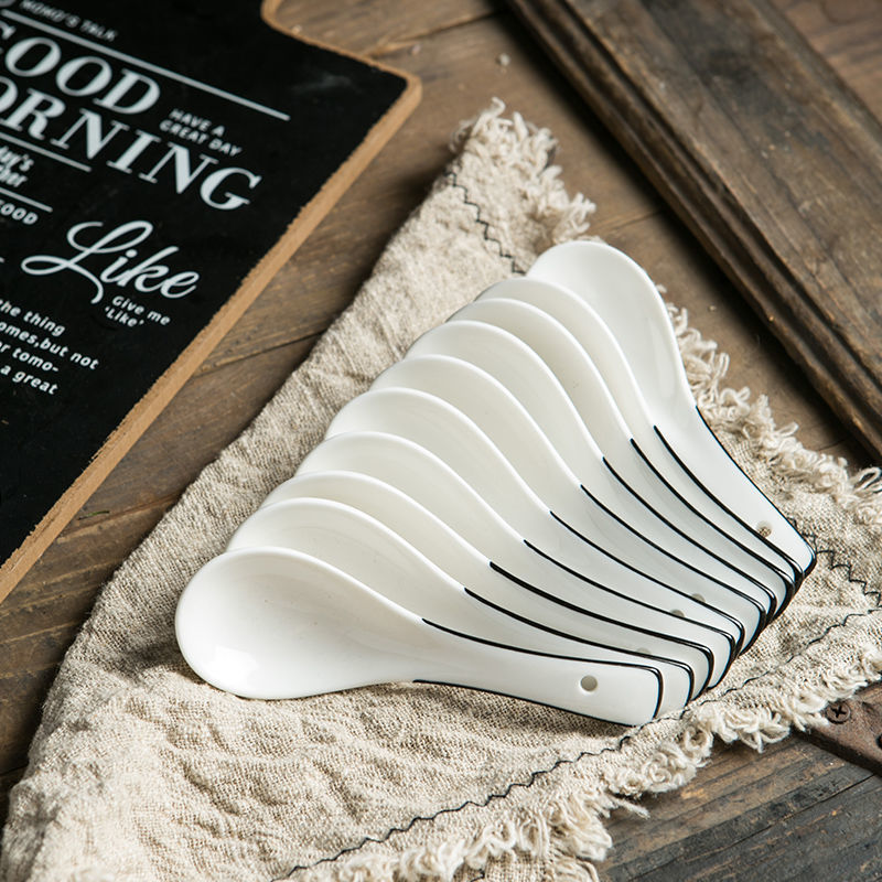 Japanese-style 10-pack of ceramic small spoons, simple ins black line household spoons, creative spoons, spoons for drinking soup