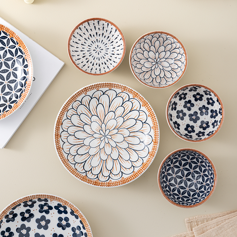 Japanese-style 8-inch ceramic plate saucer household plate round adult retro-style underglaze color dinner plate set