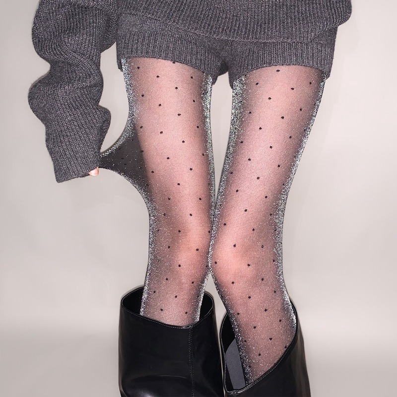 Side-Striped Silver Glitter Gradient Polka Dot Stockings with Unique Design, Black Stockings Paired with Sweater and High Heels, Stylish Base Layer Tights