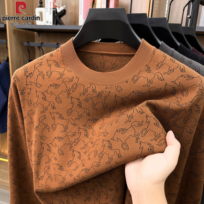 Pierre Cardin High-End Wool Sweater Men's Knitted Long-Sleeve T-Shirt Round Neck Jacquard Trendy Fashion Base Wool Shirt