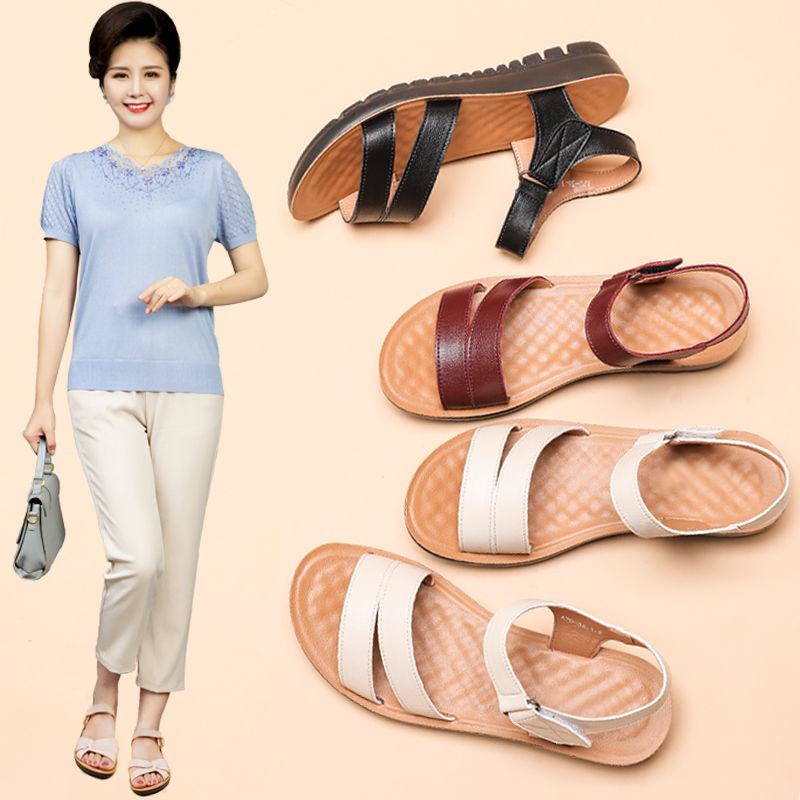 Mom sandals women's shoes section Summer flat-bottomed middle-aged non-slip soft bottom 50-year-old comfort middle-aged and grandma genuine leather old man