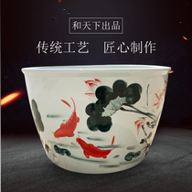 Jingdezhen blue and white porcelain large cylinder diameter one meter fish tank garden decoration large cylinder one meter two fish lotus large cylinder