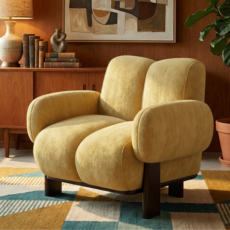 Cream-Colored Single Chair, Living Room Leisure Chair, Designer Chenille Lazy Sofa Chair, Reclining Chair for Reception and Negotiation