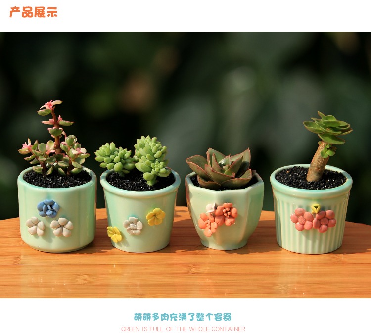 Three sisters flower celadon flower pot ceramic creative hand - made flowers round lovely fleshy flower pot in household indoor the plants