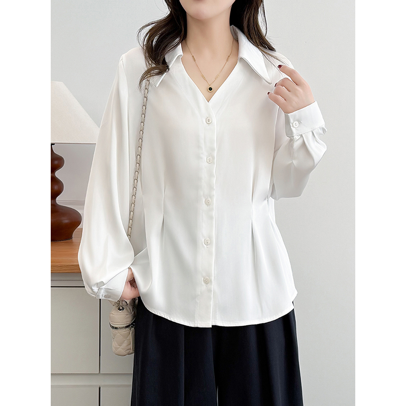 Large Size Satin Waist-Cinching White Shirt for Women, 2026 New Spring and Autumn Unique and Beautiful Blouse