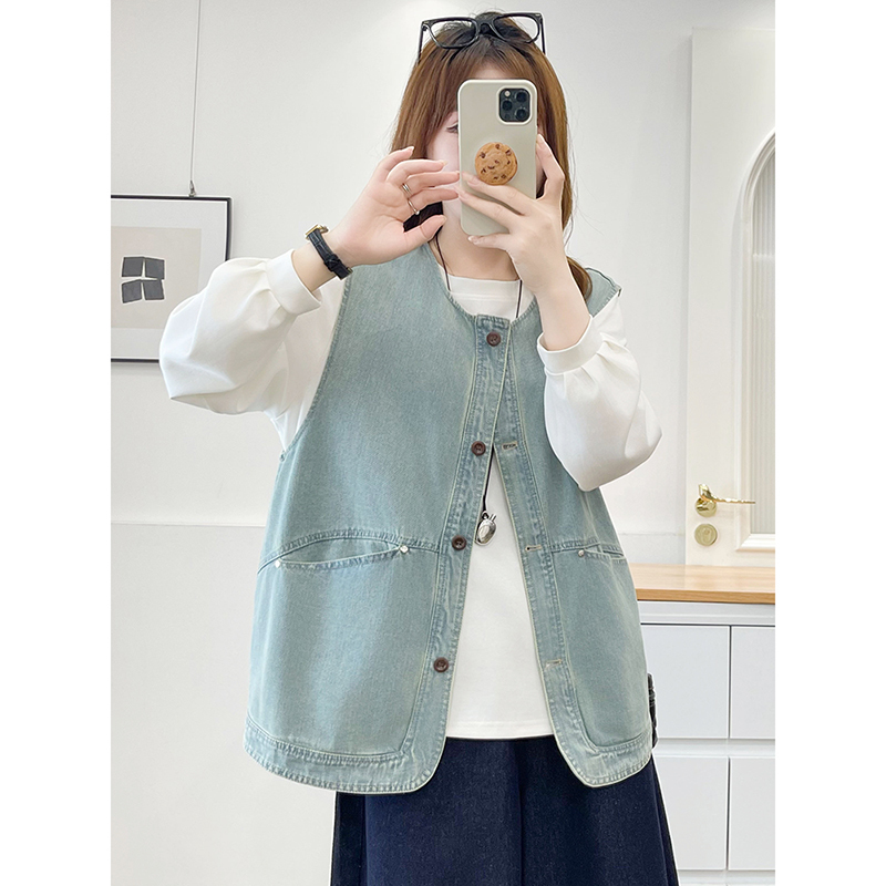 Plus Size Women's Korean Style Loose Retro Denim Vest Autumn Versatile Cardigan Slimming Sleeveless Jacket Plus Size Women's Korean Style Loose Retro Denim Vest Autumn Versatile Cardigan Slimming Sleeveless Jacket