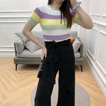 (Mr. Z) 21 spring and summer new French macarons rainbow stripe hollow round neck short sleeve knitwear women