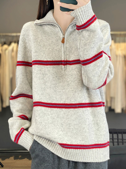 High Collar Half-Open 100% Pure Wool Sweater for Women, New Autumn and Winter Long-Sleeve Color-Block Loose Versatile Thickened Sweater Top