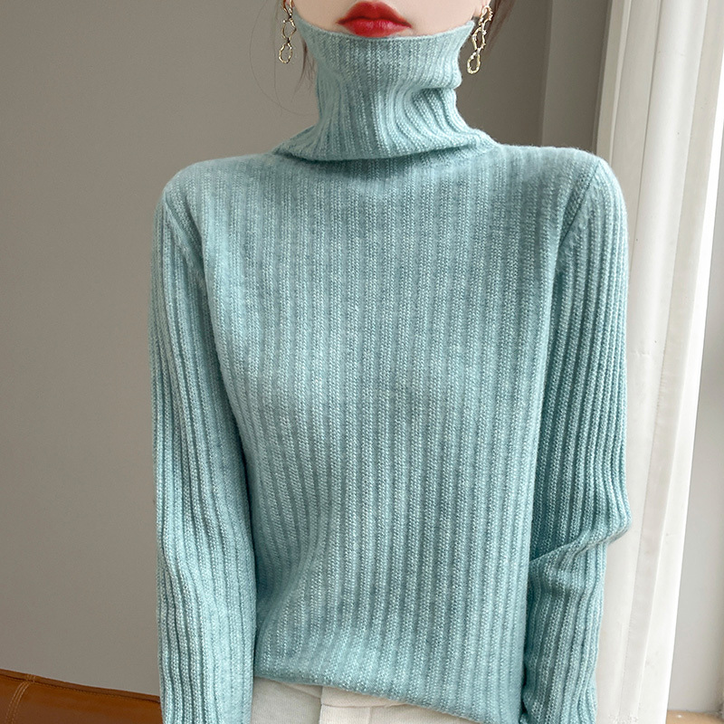 Soft and Cozy 100% Pure Wool Turtleneck Knit Sweater for Women, Autumn and Winter, Stacked Collar, Warm Wool Base Layer Sweater