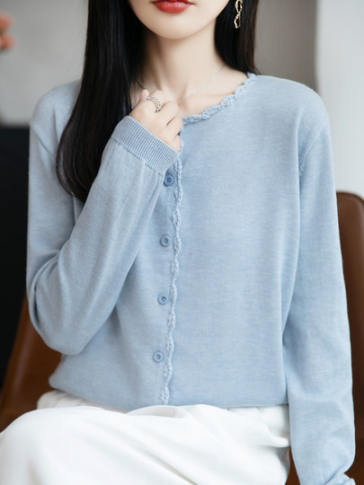 French-Style Lace-Trimmed Fine-Knit Cardigan for Women, Loose-Fitting Thin Sweater, 2026 New Model for Petite Figures
