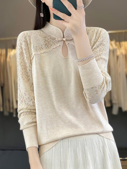 New Chinese style national style cheongsam collar knitted hollow bottoming shirt for women slim loose worsted thin stand collar top for women trendy