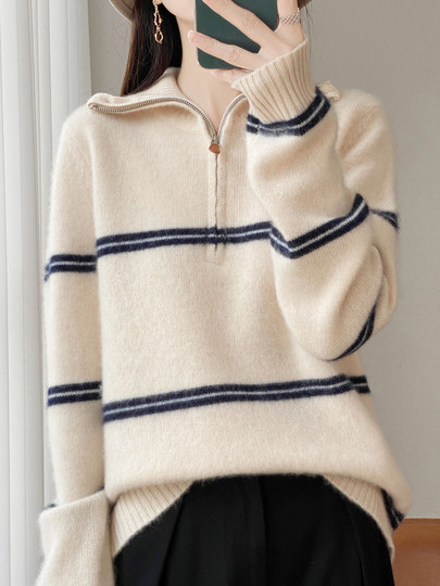 High Collar Half-Open 100% Pure Wool Sweater for Women, New Autumn and Winter Long-Sleeve Color-Block Loose Versatile Thickened Sweater Top