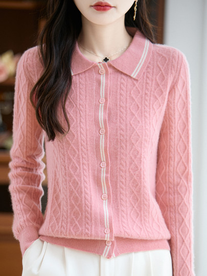 French-Style Polo Collar Cable Knit 100% Pure Wool Cardigan Women's Lapel Shirt Solid Color Warm Sweater Coat Trendy