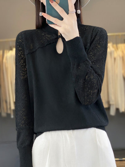 New Chinese style national style cheongsam collar knitted hollow bottoming shirt for women slim loose worsted thin stand collar top for women trendy