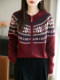 Fair Isle Style Retro Jacquard Knit Cardigan for Women, New Double-Zip Red Sweater Coat, Warm Base Layer Trendy Top