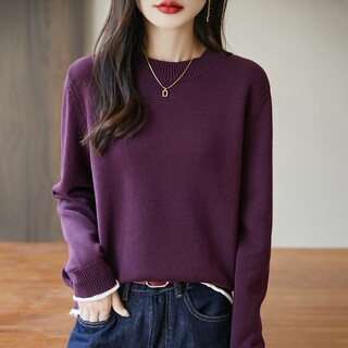 100% Pure Cotton Color-Blocked Miu-Style Knit Sweater for Women, Round Neck Sweater, 2025 New Thickened Warm Base Layer Top