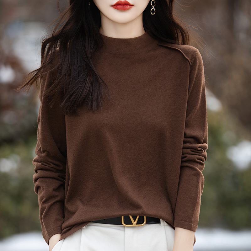 French-Style Half-Turtleneck Fine-Knit Sweater for Women, Korean Version, Casual Inner Layer, Solid Color, Loose Fit, Slimming Top