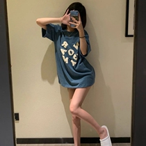 Blue T-shirt women loose summer super fire Joker age reduction letter casual long undercoat missing short sleeve jacket