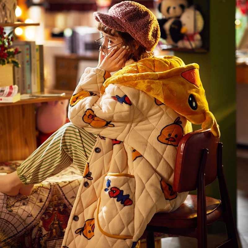 Sleeping Robe Woman Autumn Winter Coral Suede Triple thickened clip cotton padded jacket warm and cute little yellow duck pyjamas lengthened bath robe