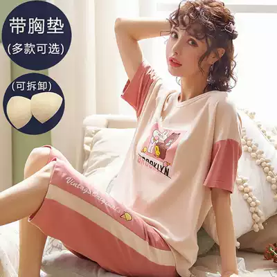 Pajamas women's summer pure cotton short-sleeved three-point pants two-piece suit Korean cute student with chest pad home clothes thin section