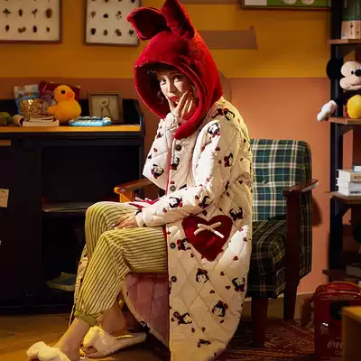 Nightgown women's autumn and winter coral velvet three-layer padded jacket thickened warm flannel pajama skirt hooded bathrobe long version