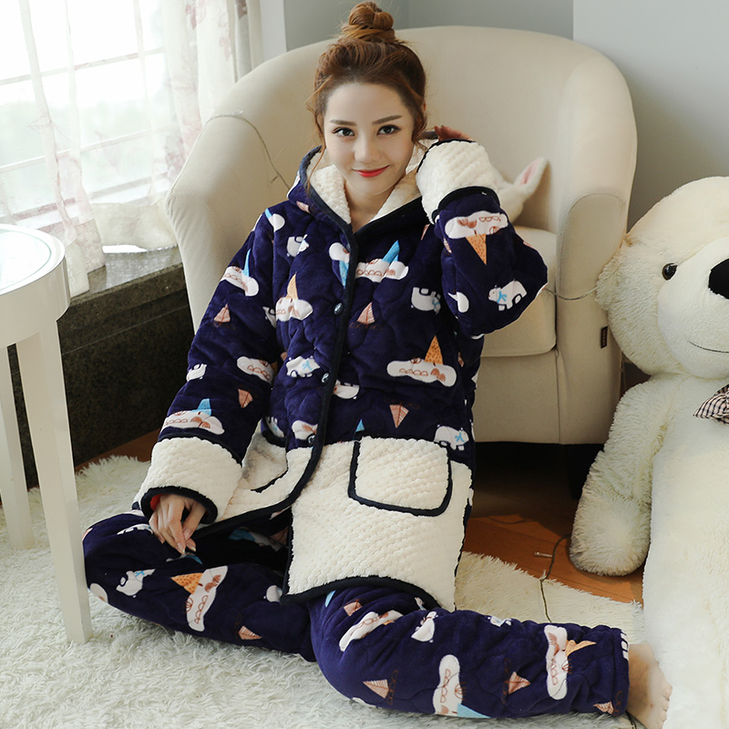 Three-layer thickened cotton pajamas women's winter coral velvet Korean version hooded flannel home suit set medium and long version