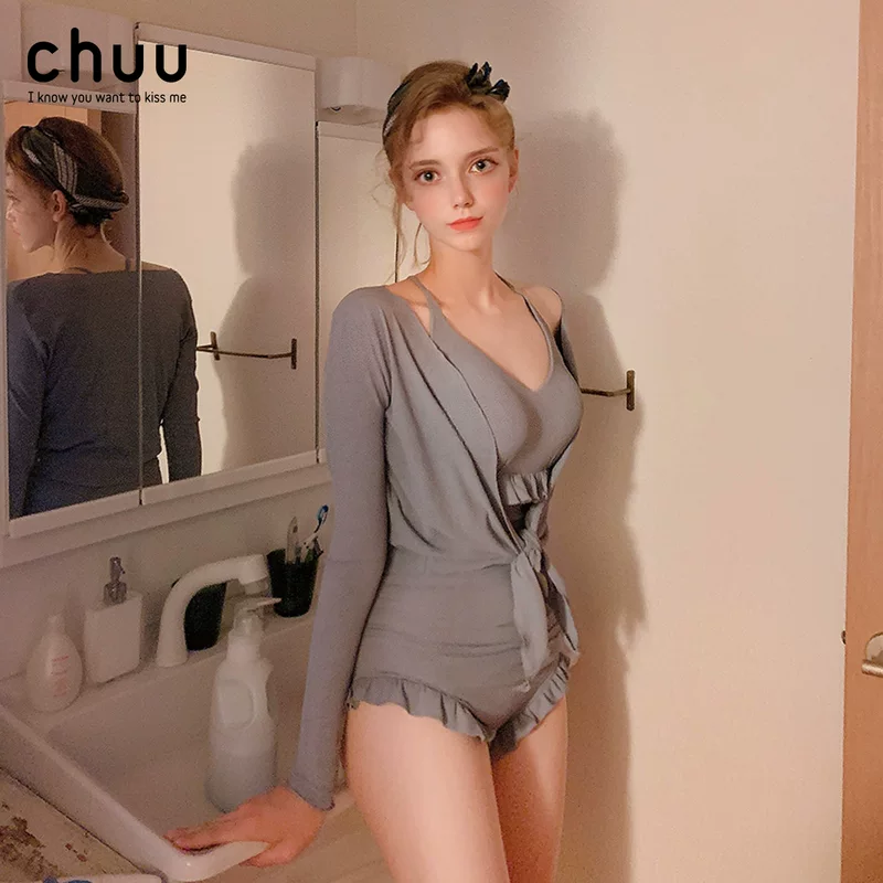 Кардиган из пряжи от chuu, купальник летний, комплект, корейский стиль