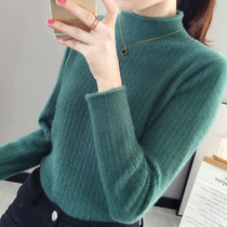 Spring 2021 new semi-turtleneck thickened sweater spring and autumn solid color loose with mink velvet base shirt womens foreign style