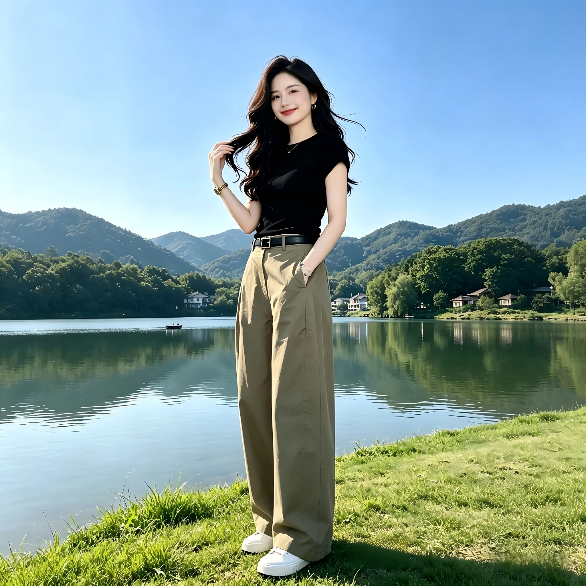 时尚百搭夏季新款绿色圆领正肩大码短袖t恤女士修身显瘦减龄上衣