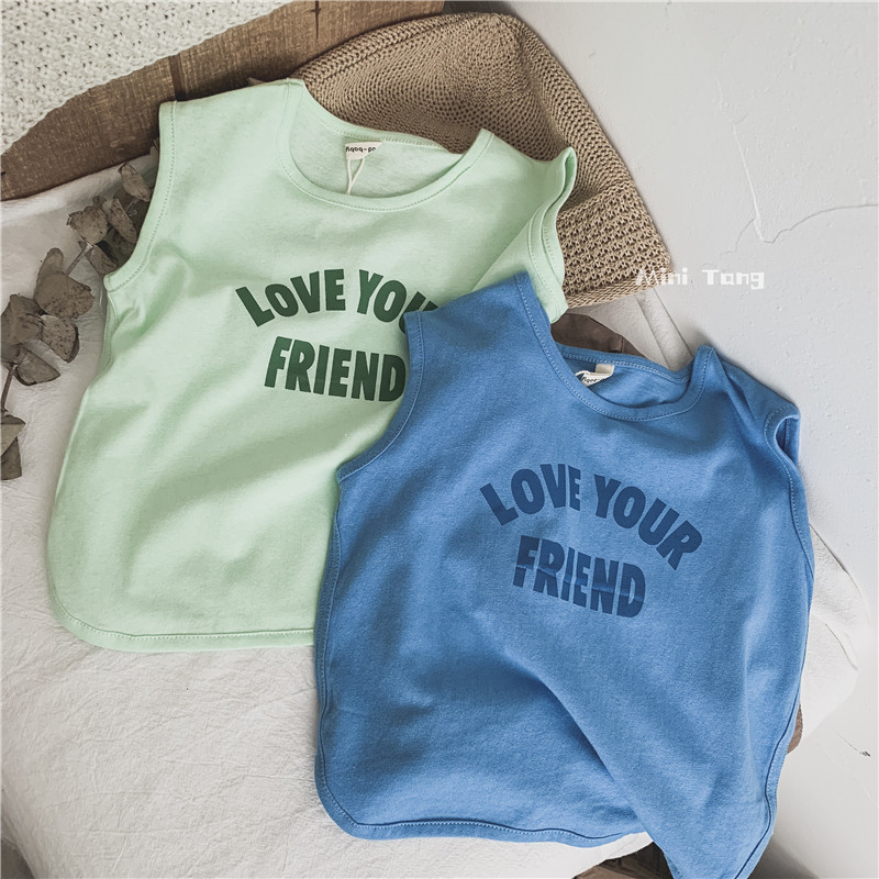 Foreign pie ultra-love ~ children all cotton casual letters sleeveless vest neutral male and female baby round collar loose blouses summer