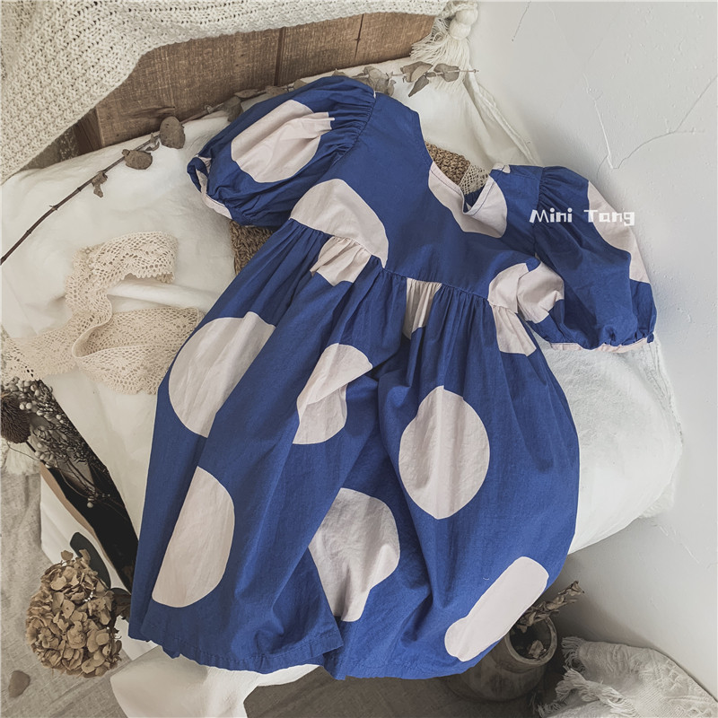 Super accent Korean puff sleeves big polka dot children's dress 2021 summer girl childlike feel skirt