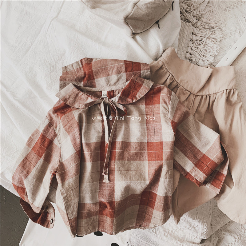 2019 autumn and winter new children's unisex boys and girls Korean plaid college style lace-up Western style long-sleeved shirt