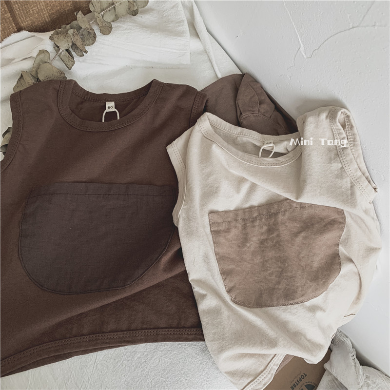 Design sensation ~ Han Guosen's foreign pie casual large pocket children round collar vest men and women's baby soft glutinous blouses summer