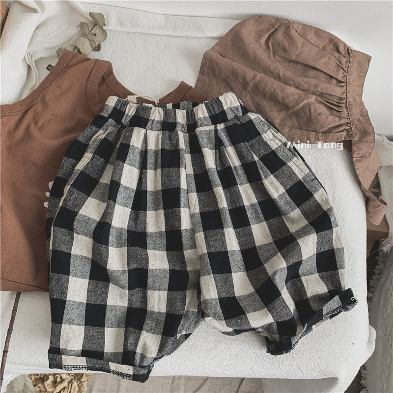 Summer all-match ~ literary fan children's seven-point large plaid trousers cotton and linen texture loose casual pants harem pants