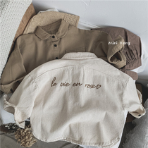 With feel ocean gas ~ retro children embroidery turned collar full cotton sandwashing shirt neutral male and female blouses clothes autumn clothing