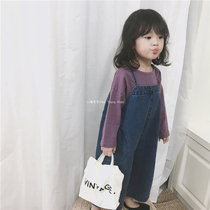2021 autumn new childrens Korean unisex all-match bottoming shirt T-shirt denim bib pants boys and girls clothes