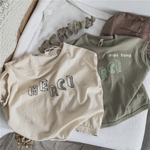 Texture super-hymsed ~ pro-skin cotton children ins wind wide-shape blouse vest male and female baby washed cotton letters T-shirt summer