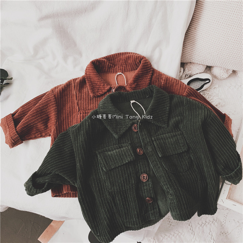 Feel soft waxy Korean children's short jacket retro corduroy small lapel men's and women's baby tops autumn