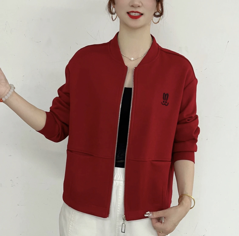 Early Autumn New Style Stand-Up Collar Baseball Jacket Solid Color Rabbit Embroidery Age-Reducing Versatile Sports Casual Zipper Top for Women